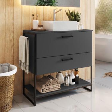 Imagem de Gabinete Para Banheiro 80cm P1028 Grafite C/cuba Ametista Branca Preto/grafite