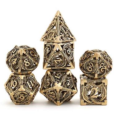 Imagem de Conjunto de 7 peças de ferro antigo esculpido em formato de dragão em metal oco DND para Dungeons and Dragons RPG MTG Jogos de Mesa D&D Pathfinder Shadowrun e Matemática (com caixa de metal)