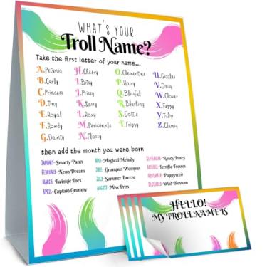 Imagem de cidobi Conjunto de cartas de jogo Troll, inclui 1 placa dupla face de jogo de nome de troll, 30 peças de adesivos de nome, qual é o seu cartão de nome de troll, adequado para jogos de festa de