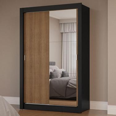 Imagem de Guarda-roupa Solteiro 2 Portas De Correr Com Espelho Preto/rustic Milano Madesa Preto/rustic