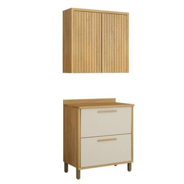 Imagem de Conjunto De Cozinha Armário Aéreo 80cm 2 Portas Ripado E Balcão 2 Portas 80cm Torino Cinamomo-off White