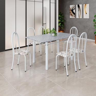 Imagem de Conjunto De Mesa Tubular 140cm X 75cm Tampo Em Granito Ocre Com 6 Cadeiras Iris B Arabesco- Branco