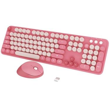 Imagem de Teclado sem fio Kootop, fofo e colorido de 104 teclas máquina escrever retrô para PC, laptop, desktop, Windows, teclado doméstico e de escritório (rosa)