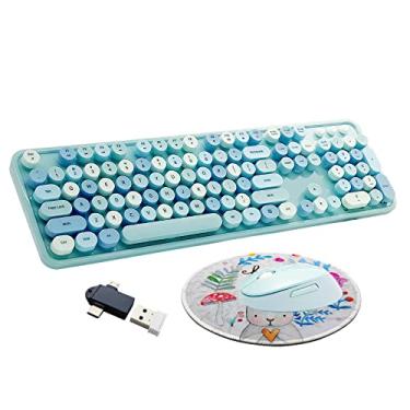 Imagem de Seaciyan Combinação De Teclado E Mouse Sem Fio, Máquina Escrever Retrô Ergonômica Colorida, Tamanho Completo, Conjunto Usb Fio Para Jogos Escritório (Azul)
