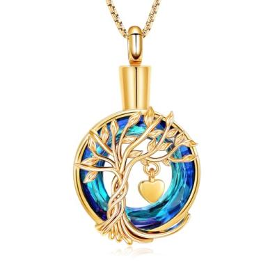 Imagem de Oinsi Colar de urna árvore da vida para cinzas, joia de cremação de coração para homens e mulheres, joia de lembrança memorial com pingente de cinzas de pedra do mês de nascimento de cristal, Diamante