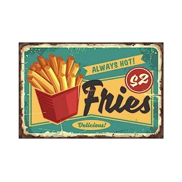 Imagem de Pôster de metal retrô em lata, decoração de parede vintage, batatas fritas deliciosas sempre quentes, para bares, restaurantes, café, clube, placa, homem, caverna, parede, 20 x 30 cm