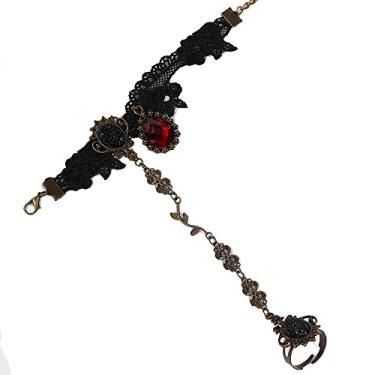 Imagem de Wekicici Pulseira vintage de renda preta com anel, pingente de cristal preto rubi, pulseira de folha retrô para festa de Halloween Steampunk