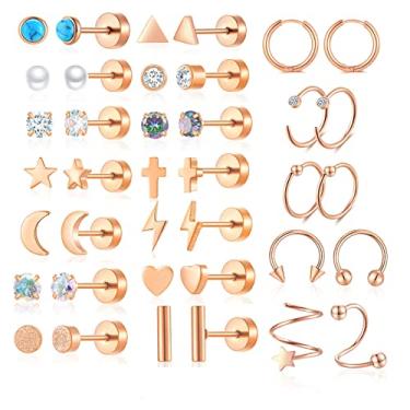 Imagem de Conjunto de brincos de aço inoxidável para mulheres e homens banhado a ouro 14K pequenos brincos de pino de tarraxa brincos de argola femininos masculinos hipoalergênicos zircônia cúbica brincos de cartilagem Rook Daith tragues lóbulo concha piercing de septo jóias, Zircônia cúbica Aço inoxidável Ti