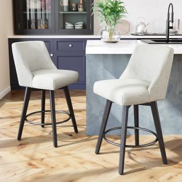 Imagem de AMICLIBER Conjunto de 2 banquetas giratórias de cozinha com tecido de linho, pernas de madeira maciça, design resistente e estável para cozinha, restaurante, bar, café, branco