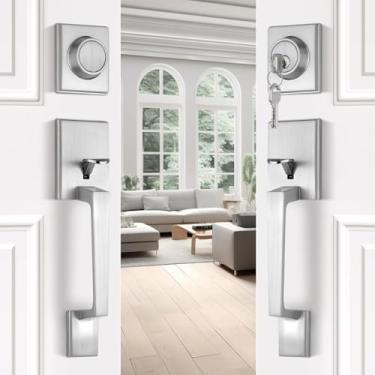 Imagem de EHOMEWARE Conjunto de fechadura de porta dupla frontal, conjunto de maçanetas duplas de níquel escovado, maçaneta externa com fechadura e manequim, ferragens resistentes, maçaneta de porta reversível