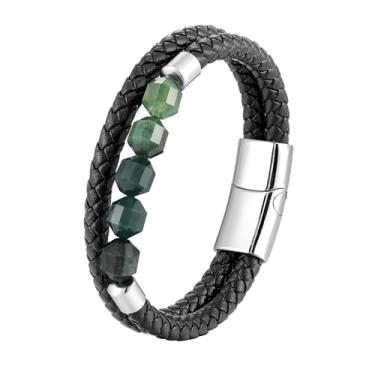 Imagem de CARICY Pulseira masculina de couro trançado olho de tigre/ágata musgo/ônix preto com proteção de pedra de cura para homens pulseiras de punho de aço inoxidável joias, 8.3 in, Zircônia cúbica
