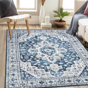 Imagem de ESSMOKO Tapetes tapete turquesa persa para casa, sala de estar, quarto, mesinha de cabeceira, lavável à máquina, vários tamanhos, azul e branco clássico, 90 x 150 cm