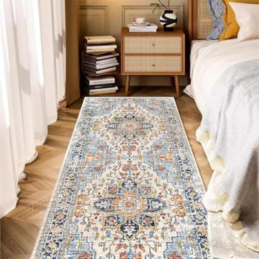 Imagem de ESSMOKO Tapete de sala de estar tapete vintage lavável à máquina, tapete tradicional, macio, de cabelo curto, para cozinha, escritório, 60 x 180 cm, cor branco e azul vintage