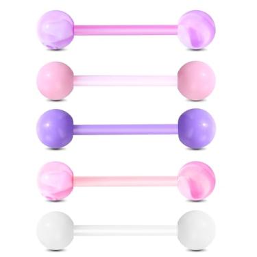 Imagem de Jewseen 5 peças de halteres de língua 14 G joias de acrílico piercing de língua de cor doce barras de lingueta piercing de língua para mulheres, Acrílico, Zircônia cúbica