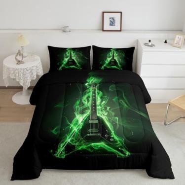 Imagem de Conjunto de edredom infantil com música rock, guitarra elétrica, instrumento musical de violão, para meninos e meninas, verde neon, chama, moderno, artístico, com 2 fronhas