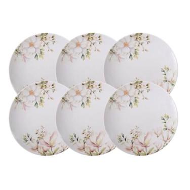 Imagem de Jogo 6 Pratos Rasos Porcelana Decorada 28cm Tramontina Magnólia Mesa Posta Eventos