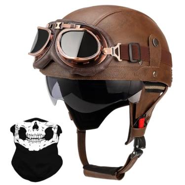 Imagem de Meio capacete de couro estilo alemão para adultos, homens e mulheres, boné vintage aprovado pelo DOT meia carcaça capacetes de motocicleta para Cruiser Chopper + óculos (marrom, médio)
