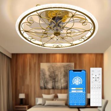 Imagem de lifeholder Ventilador de teto de perfil baixo com luzes remoto ventilador de teto 50,8 cm montagem embutida luz de teto regulável lustres artesanais vintage dourado