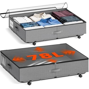 Imagem de XXXL Armazenamento sob a cama 78L com rodas, recipientes de armazenamento com tampa e etiqueta transparentes, estrutura de metal resistente, fácil de retirar, caixas de armazenamento embaixo da cama
