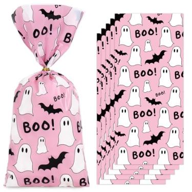 Imagem de JarThenaAMCS 100 unidades de sacos de celofane de Halloween com laços torcidos rosa boo fantasma saco de guloseimas de plástico para lembrancinhas de festa de fim de ano suprimentos