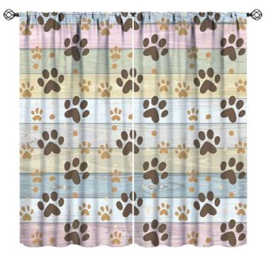 Imagem de Cortinas de pata de cachorro rústicas coloridas tábua de madeira fofas patas de cachorrinho impressas cortinas de janela para berçário sala de estar cozinha, 107 cm L x 114 cm C (sem apagão)
