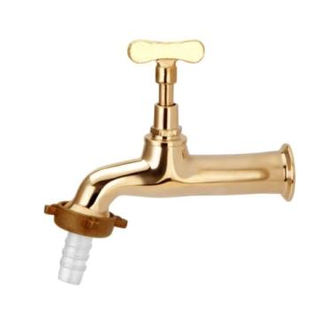 Imagem de Torneira dourada para jardim e tanque, com bico adaptador para mangueira. Resistente, prática e fácil de instalar, ideal para uso externo e lavanderia.