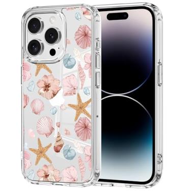 Imagem de Idocolors Capa para iPhone 16 Pro Max Pink Sea Shells Starfish Clear Phone Case, capa floral fina de cristal para iPhone 16 Pro Max, não amarela, transparente, à prova de choque