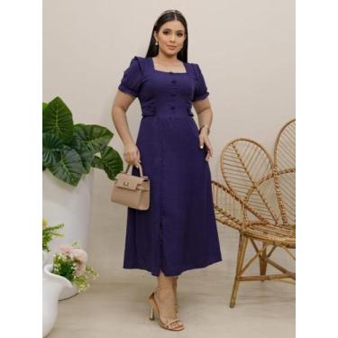 Imagem de Vestido Elegante Moda Evangélica de Linho Decote Quadrado com Botões E