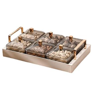 Imagem de Conjunto de 6 tigelas para lanches com tampas, pratos para servir divididos de plástico bandeja para condimentos para frutas, nozes, doces, sobremesas, lanches prato para servir aperitivos, branco