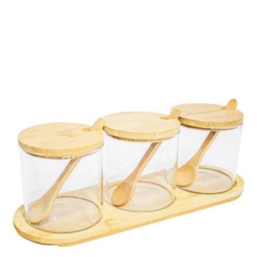 Imagem de Jogo 3 Potes de Vidro Condimentos 270ml Tampa Bambu - Fu Xing