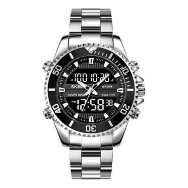 Imagem de Relógio Masculino Skmei 1850 Prata Aço Inox, Duplo Horário, Preto + Aç