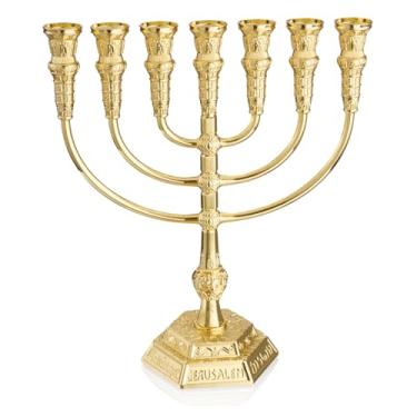 Imagem de Castiçal de menorá de ouro de 7 ramos - decoração de feriado judaico de Hanukkah e Sabbath, inspirado no tabernáculo, estilo templo de Jerusalém