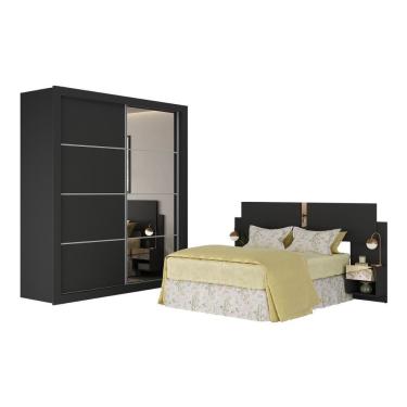 Imagem de Guarda Roupas Casal E Cabeceira Com 2 Mesas De Cabeceira E Espelhos Multimóveis MP4328 Preto