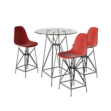 Imagem de Jogo Mesa Bistrô Eames Vidro 60Cm 3 Banquetas Vermelha Base Ferro Preto - Cor: Branco