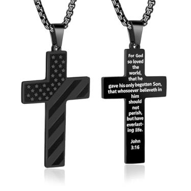 Imagem de AMAZINGSUN Colar de cruz com bandeira americana para homens, corrente de pingente de aço inoxidável com versículo da Bíblia, corrente de pingente de batismo, primeira comunhão, presentes, Large, Aço