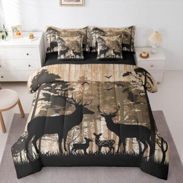 Imagem de Erosebridal Conjunto de cama queen rústico de veado da floresta para meninos | Conjunto de edredom vintage de casa de fazenda com lençol de veado e animais da floresta em uma bolsa para adolescentes