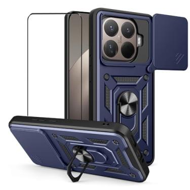 Imagem de CNPUTAO Capa para Xiaomi 15T Pro/Mi 15T Pro 5G com protetor de tela de vidro temperado, janela deslizante para câmera, suporte, capa de telefone de camada dupla antiarranhões à prova de choque, azul