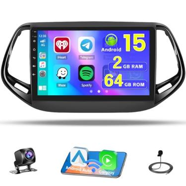 Imagem de Hikity 2 + 64 GB Android 13 estéreo para carro Jeep Compass 2017-2020 rádio com link de espelho automotivo sem fio Carplay, Android, tela sensível ao toque, GPS, WiFi, Bluetooth, FM RDS MIC, câmera de