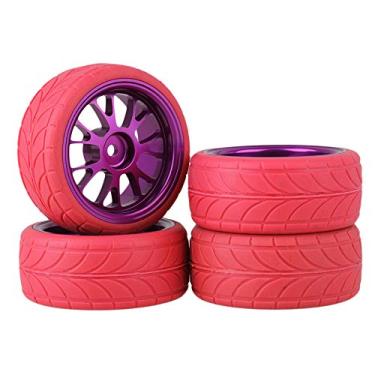 Imagem de Mxfans Purple Aluminum Alloy Y Shape Wheel Rim + Red Arrow Pattern Rubber Tyres Tires Sponge Insert for RC 1:10 On Road Car Set of 4
