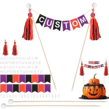 Imagem de Breling Conjunto de 90 peças de topo de banner de bolo personalizado, banner de bandeira feito à mão, número do alfabeto de votação de madeira, para aniversário, casamento, decoração de bolo