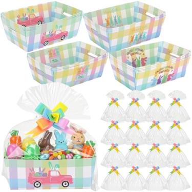 Imagem de Weysat Conjunto de 16 cestas de presente vazias de Páscoa a granel para presentes com sacos de celofane e laços, cesta de presente de 25 x 16,5 cm vazia para encher cestas de presente de Páscoa feliz