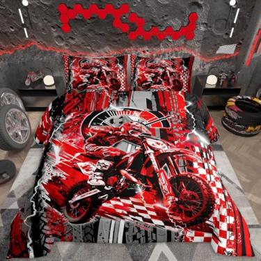 Imagem de Feelyou Conjunto de cama infantil Dirt Bike, tamanho solteiro, corrida de motocross, edredom ultramacio, para esportes radicais, para decoração de quarto de motocicleta, vermelho