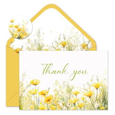 Imagem de Whaline 24 cartões de agradecimento primavera verão cartões de felicitações amarelo flores silvestres cartão de notas floral com adesivo envelope para chá de bebê suprimentos de convite de festa, 10 x