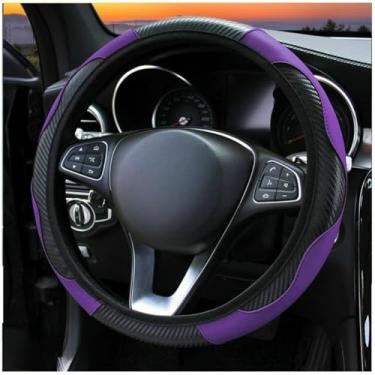 Imagem de Knonip Capa de volante de couro de fibra de carbono, estilo esportivo, confortável, resistente ao desgaste, ajuste universal para roda de 35 a 38 cm, acessórios interiores de carro para todas as