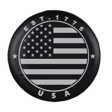 Imagem de Jayke Joy Capa de roda de pneu sobressalente preta com bandeira americana de couro PVC impermeável à prova de poeira universal para Jeep, Trailer, RV, SUV, Camper e Van (40,6 cm)