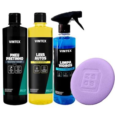 Imagem de Kit Com Lava Autos Limpa Vidros Pneu Pretinho 500ml e Aplicador Zacs