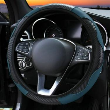 Imagem de Knonip Capa de volante de couro de fibra de carbono, estilo esportivo, confortável, resistente ao desgaste, ajuste universal para roda de 35 a 38 cm, acessórios interiores de carro para todas as