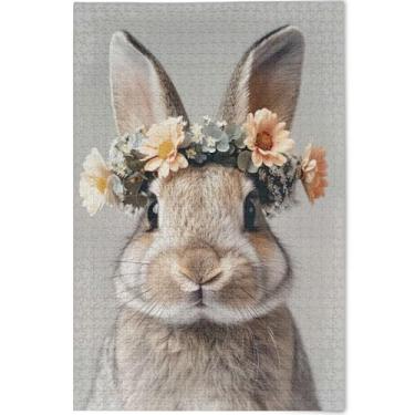 Imagem de Quebra-cabeças fofas de coelho com flores de coelho de 1000 peças para adultos, arte de flores de animais, quebra-cabeças legais para adultos, presentes de elefantes brancos, 75 x 50 cm
