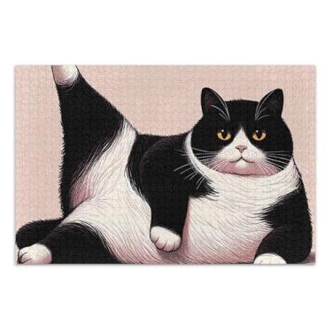 Imagem de Quebra-cabeça 500 peças presentes de quebra-cabeça para adultos preguiçoso fofo gato preto branco adultos arte arte pintura animal arte 20,5 x 14,9 polegadas