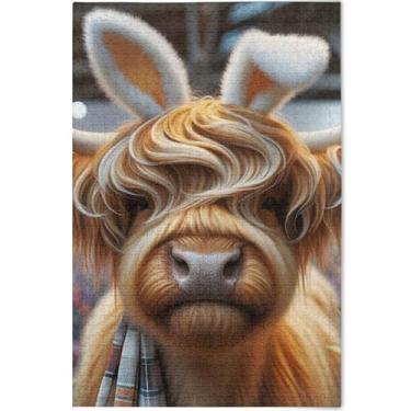 Imagem de Quebra-cabeças personalizados da Páscoa Highland Cow Bunny fofo para adultos 1000 peças cenário arte animal legal quebra-cabeças grandes presentes para amantes de quebra-cabeças, 75 x 50 cm